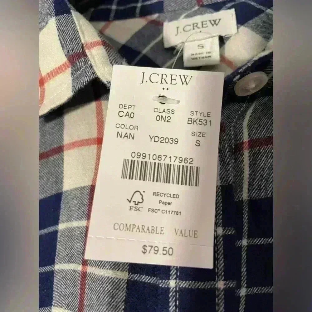 J CREW Size Small Red White & Blue Plaid Button Down Long-Sleeve Top
